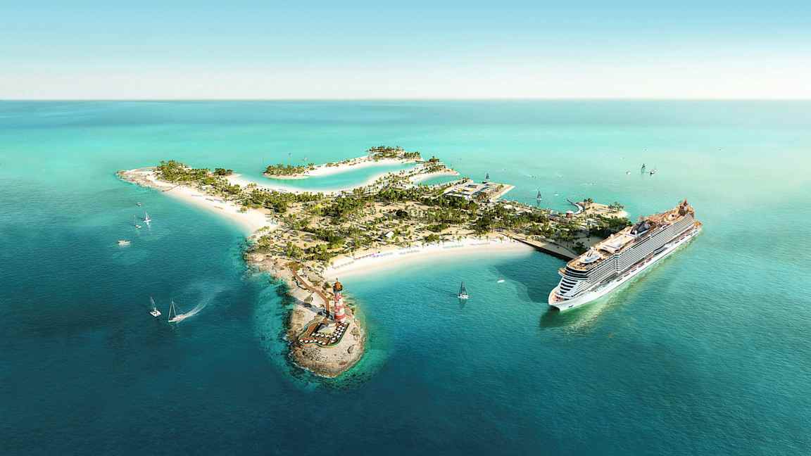 Luftfoto av en tropisk øy med strender og et cruiseskip. (AI-generert tekst)