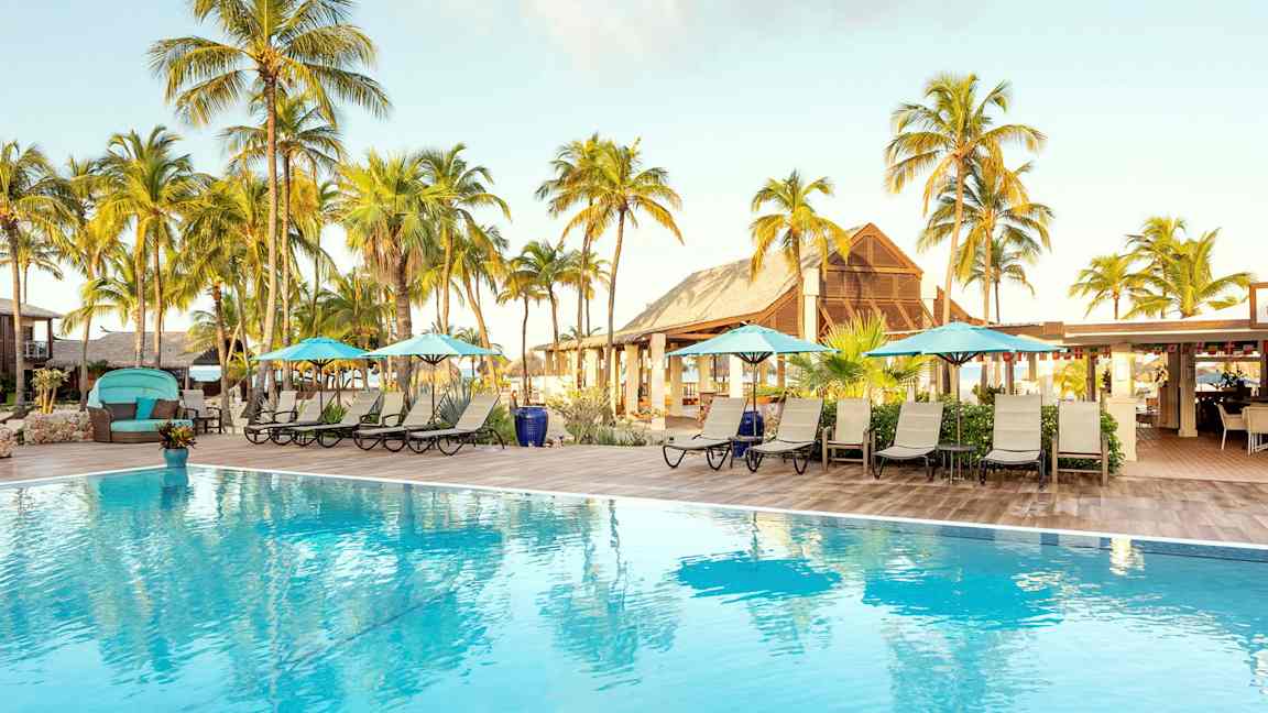 Bassengområde med solsenger, parasoller og palmer i bakgrunnen. (AI-generert tekst)