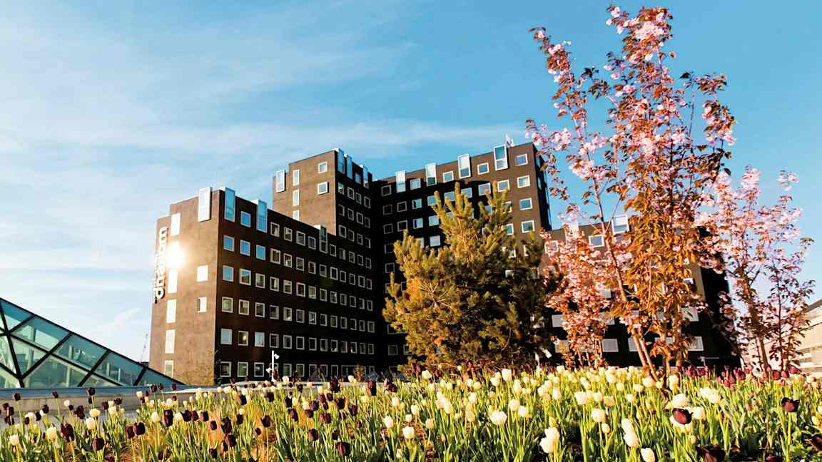 En bygning med moderne vinduer og omkringliggende blomstrende trær og tulipaner under en blå himmel. (AI-generert tekst)