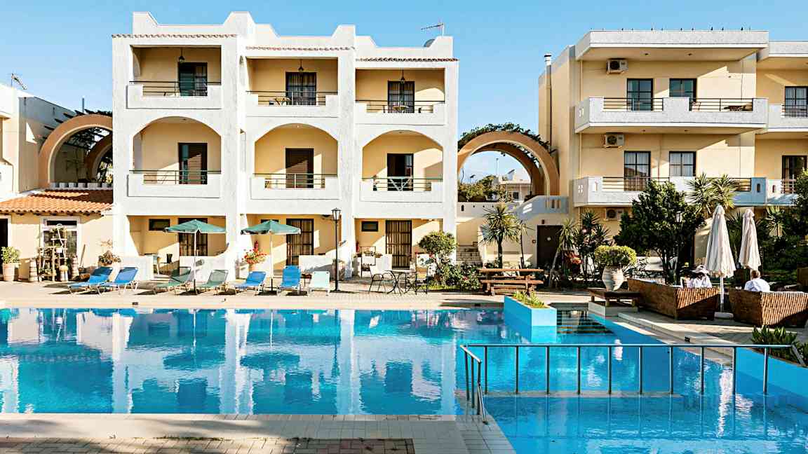 Et hotellkompleks med balkonger og et basseng foran bygningen. Det er solsenger og parasoller rundt bassenget. (AI-generert tekst)