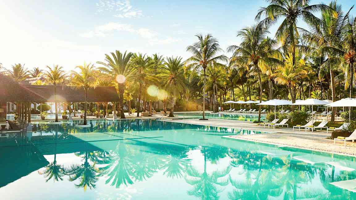 Svømmebasseng omgitt av solsenger og palmer. (AI-generert tekst)