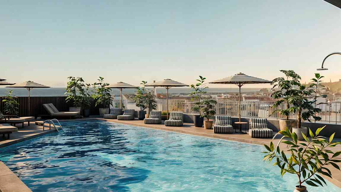 Utendørsbasseng med parasoller, solsenger og planter rundt. (AI-generert tekst)