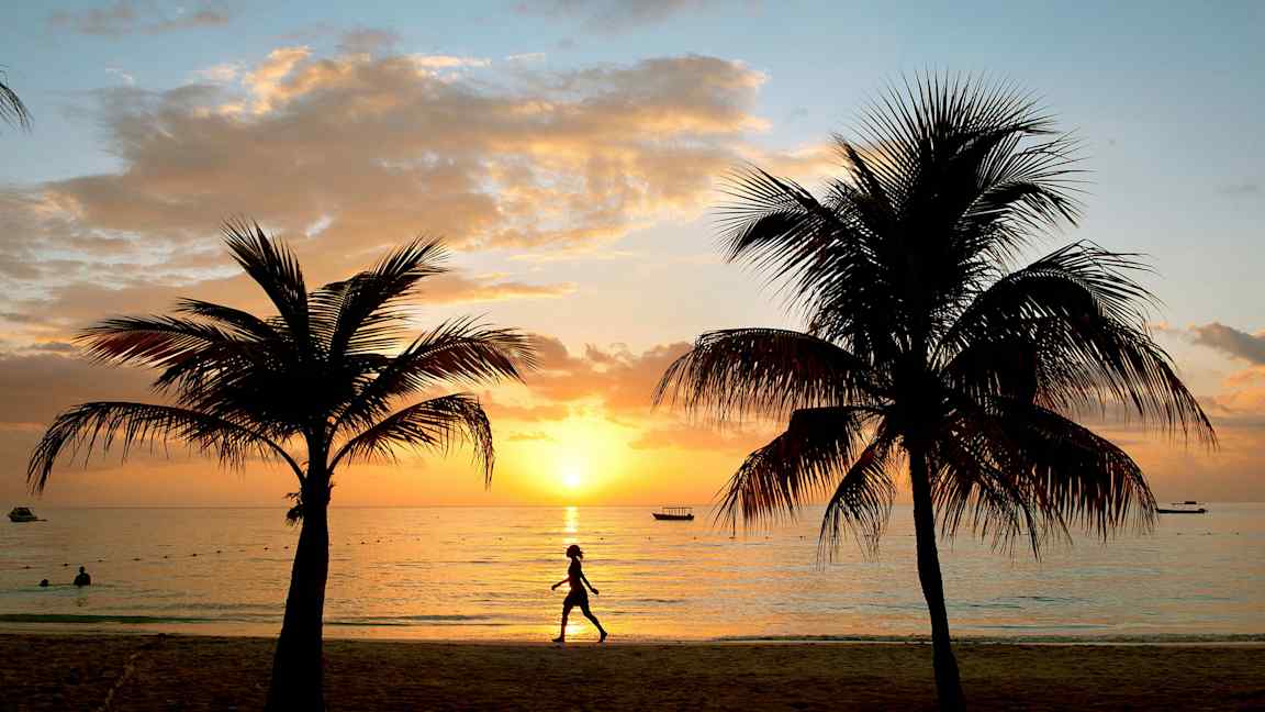 Solnedgang ved en strand med palmer og en person som går. (AI-generert tekst)