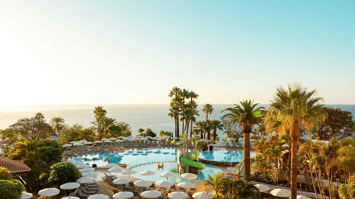 Et utendørsbasseng med solsenger omgitt av palmer og utsikt over havet. (AI-generert tekst)