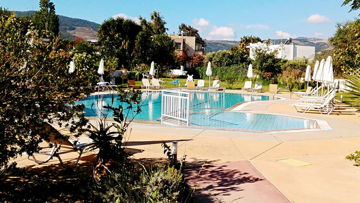 Et utendørs svømmebasseng omgitt av solsenger og parasoller, med grøntområder i bakgrunnen. (AI-generert tekst)