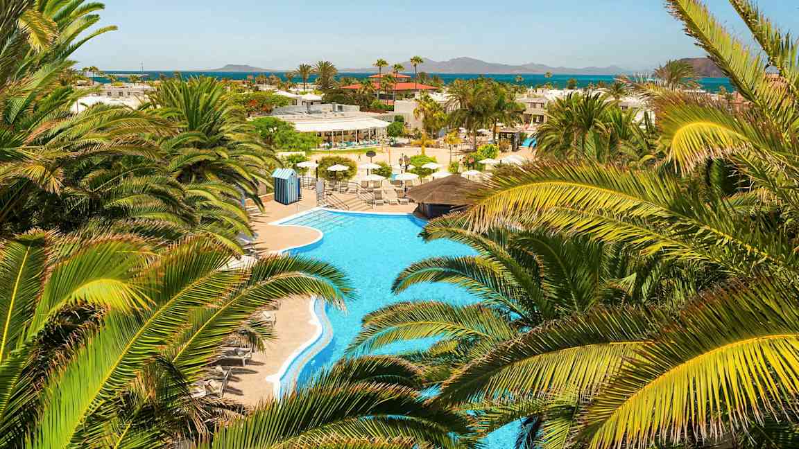 En utsikt over et svømmebasseng omgitt av palmer med havet i det fjerne. (AI-generert tekst)