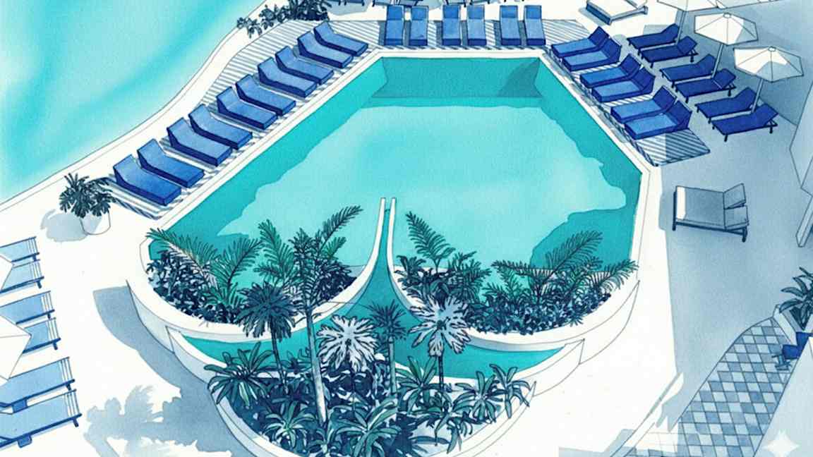 Et utendørs basseng omgitt av solsenger og parasoller samt grønne planter. (AI-generert tekst)