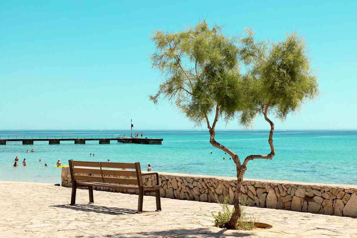 En parkbenk ved en steinmur med et ensomt tre i forgrunnen, og mennesker bader i havet med en brygge i bakgrunnen. (AI-generert tekst)