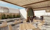 Frokostservering og bar på takterrassen. Bildet er en illustrasjon og kan bli endret