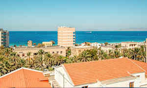 Utsikt over bygninger med røde tak, palmer og et blått hav i bakgrunnen. (AI-generert tekst)