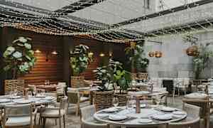 En restaurant med uteområde, bord dekorert for måltider omgitt av planter og lyslenker. (AI-generert tekst)