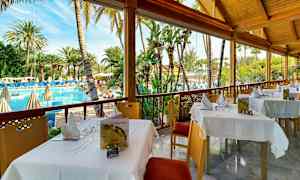 Uteservering med utsikt over et basseng og omkringliggende palmer. (AI-generert tekst)