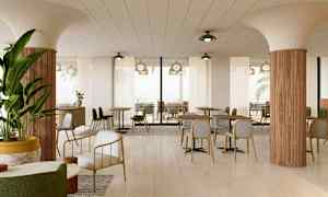 En moderne restaurantinnredning med bord og stoler, søyler og planter. (AI-generert tekst)