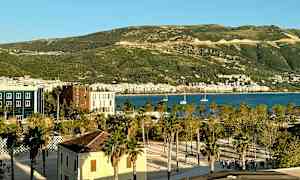 Utsikt over en bypark med palmer, bygninger i forgrunnen, en havn med båter og grønne åser i bakgrunnen. (AI-generert tekst)