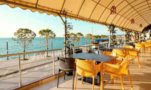 En uteservering med gule stoler og utsikt over havet og trær. (AI-generert tekst)