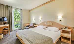 Hotellrom med en stor seng, en lenestol, et skrivebord med en TV og et vindu med utsikt mot grøntområder. (AI-generert tekst)