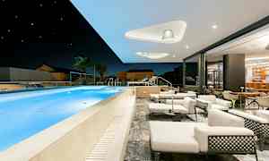 En moderne terrasse med utendørsbasseng, solsenger og sittemøbler under nattehimmelen. (AI-generert tekst)