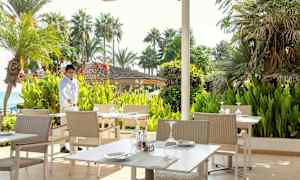 En utendørsservering med bord og stoler omgitt av grøntområder og palmer. (AI-generert tekst)