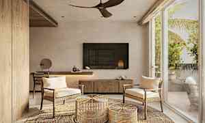 Moderne rom med store vinduer, to stoler, og en rottingmatte. (AI-generert tekst)