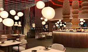 Bilde av et elegant restaurantinteriør med runde taklamper og stilfulle møbler. (AI-generert tekst)