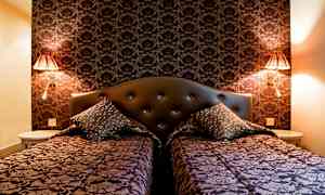 To senger med dekorative sengetepper og puter foran en mørk mønstret vegg. (AI-generert tekst)