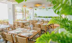 En restaurant med bord og stoler i tre, omgitt av grøntområder og med utsikt over havet. (AI-generert tekst)