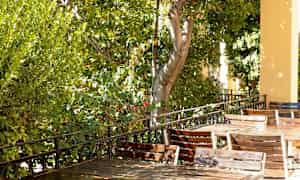 Utendørs bord og stoler står på en skyggefull veranda omgitt av grøntområder. (AI-generert tekst)