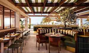 En moderne restaurant med elegant interiør og bord dekket for måltider. (AI-generert tekst)