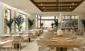 En moderne restaurant med hvite vegger, tremøbler og bord dekket med duker. (AI-generert tekst)