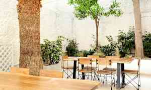 Utebord med tremøbler omgitt av grønne planter og hvite vegger. (AI-generert tekst)