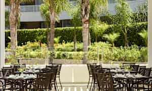 Flere bord med stoler i et utendørsmiljø omgitt av grønne planter og palmer. (AI-generert tekst)