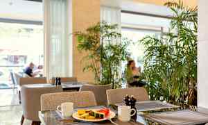 En kafé med bord dekket med en tallerken som inneholder frukt, kopper og krydderholdere, omgitt av grønn vegetasjon. (AI-generert tekst)