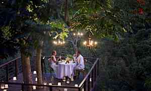 En romantisk middag serveres på en treterrasse omgitt av frodig vegetasjon, med levende lys og lysekroner som belysning. (AI-generert tekst)