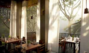 Et lyst og luftig restaurantområde med høye vinduer som slipper inn naturlig lys og utsikt over omkringliggende trær. (AI-generert tekst)