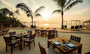 Utsikt over en strand med trebord og stoler, solsenger under himmelen og palmer i bakgrunnen. (AI-generert tekst)