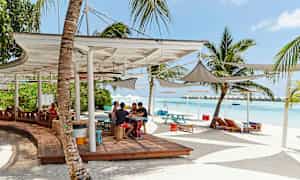 Strand med sitteplasser, parasoller og palmer. (AI-generert tekst)