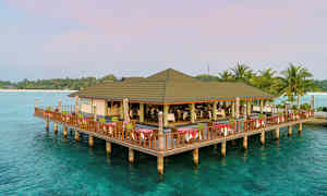En restaurant bygget på påler over klart vann, omgitt av palmer og en strand i bakgrunnen. (AI-generert tekst)