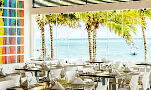 Et restaurantområde med dekkede bord, store glassvinduer som vender mot palmer og havet utenfor. (AI-generert tekst)