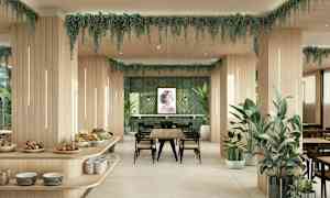 Moderne restaurantområde med tre og grønne dekorasjoner. (AI-generert tekst)