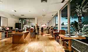 En restaurant med moderne interiør, trebord og stoler, samt store vinduer mot en tropisk utsikt med palmer og hav. (AI-generert tekst)