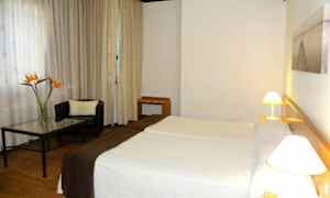 Et hotellrom med to senger, en lenestol og et bord med en blomsterpotte. (AI-generert tekst)