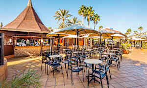 En utendørsrestaurant med bord, stoler og parasoller. Det er en bar med et tak i bakgrunnen samt omkringliggende palmer. (AI-generert tekst)