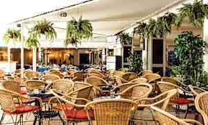 Bilde av en uteservering med rottingstoler, små bord og grønne hengende planter. (AI-generert tekst)