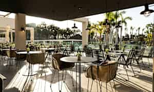 Uteservering med moderne møbler, omgitt av palmer. (AI-generert tekst)