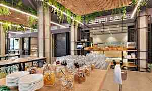 En buffé med glasskrukker fylt med forskjellige frokostblandinger og serveringsskåler i en moderne restaurantmiljø. (AI-generert tekst)