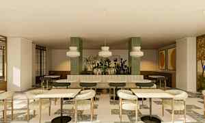 Interiør med sittegruppe, bord, stoler og planter som dekorasjon. (AI-generert tekst)