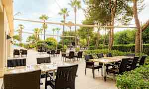 Bilde av en romslig utendørsterrasse med bord og stoler, omgitt av grøntområder og palmer. (AI-generert tekst)