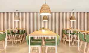 Bilde av moderne restaurantinteriør med bord og stoler i tre og grønt, og hengende lamper. (AI-generert tekst)