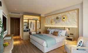 Moderne og innbydende dobbeltrom med innredning i lyse trematerialer og myke farger. (AI-generert tekst)