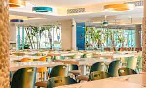 Restaurant med fargerike stoler og store vinduer som vender mot en utsikt med palmer. (AI-generert tekst)